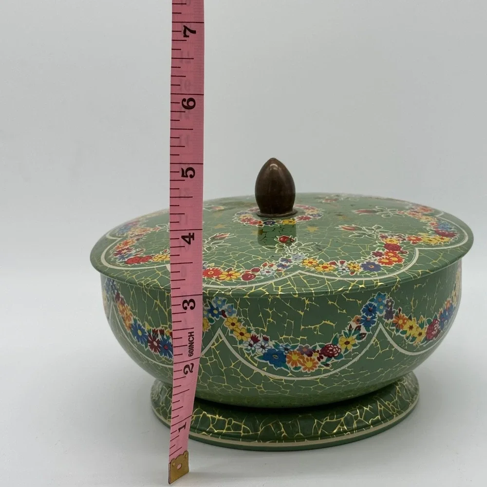 Vintage Daher England Green Crackle Floral Pedestal Candy Tin Acorn Knob Lid
